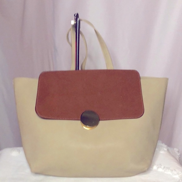 WHO WHAT WEAR large color block (cream & rust colored) satchel tote handbag. - Picture 1 of 15